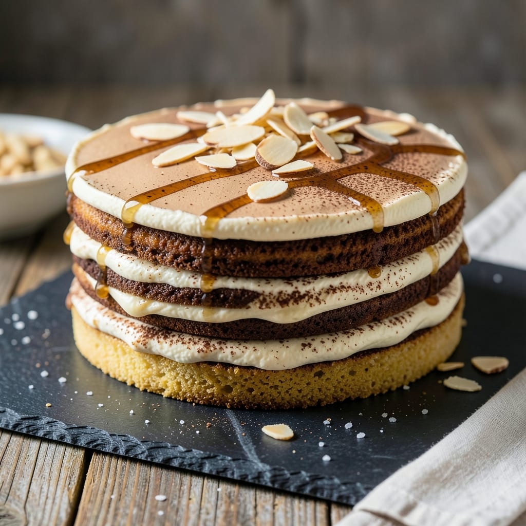 Almond Tiramisu Cake Recipe: Vanilla-Infused Layers with Crunchy Almond Crust